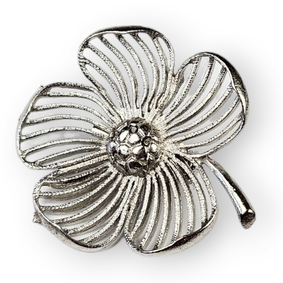 VINTAGE Flower Brooch Mod Hippie Silver Tone Open Work Retro Floral 1.75" Long - Picture 2 of 6
